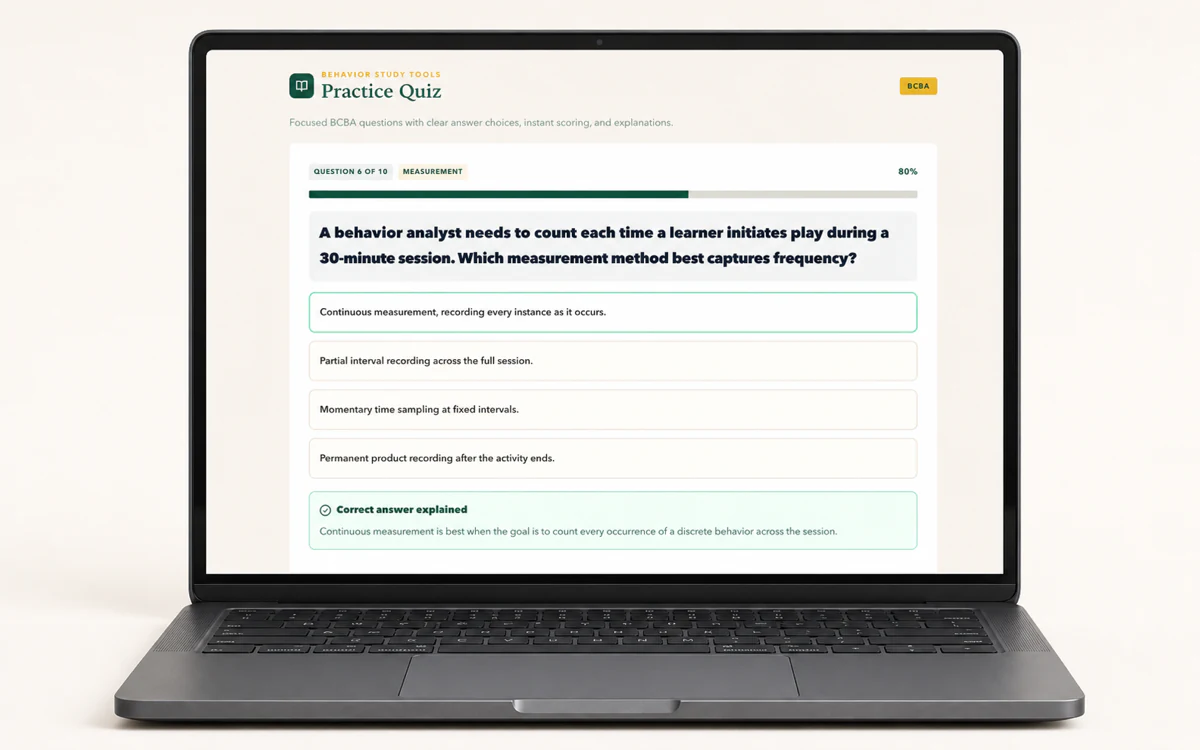 Behavior Study Tools BCBA practice quiz displayed in the web app on a laptop screen